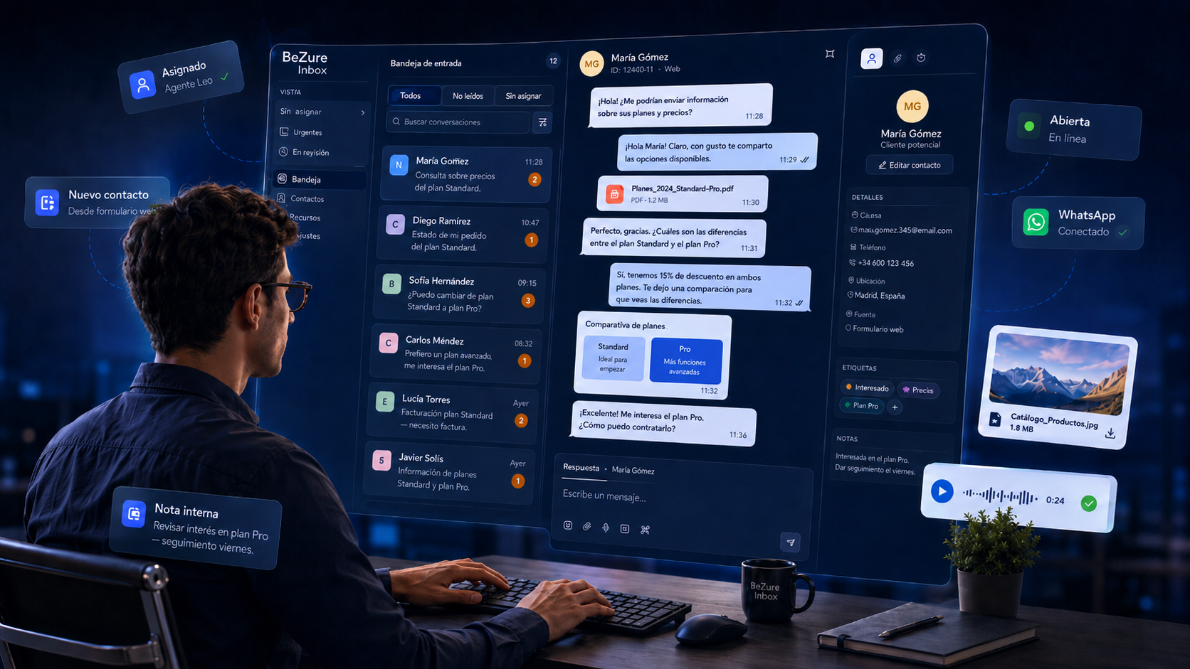 BeZure Inbox mostrando una bandeja compartida de WhatsApp en un escritorio